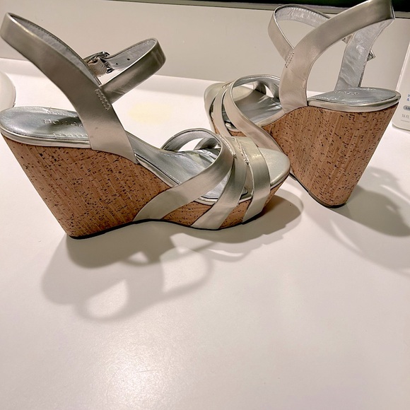 BCBG Generation Wedge Sandals. Silver leather with cork wedge. - Picture 2 of 4